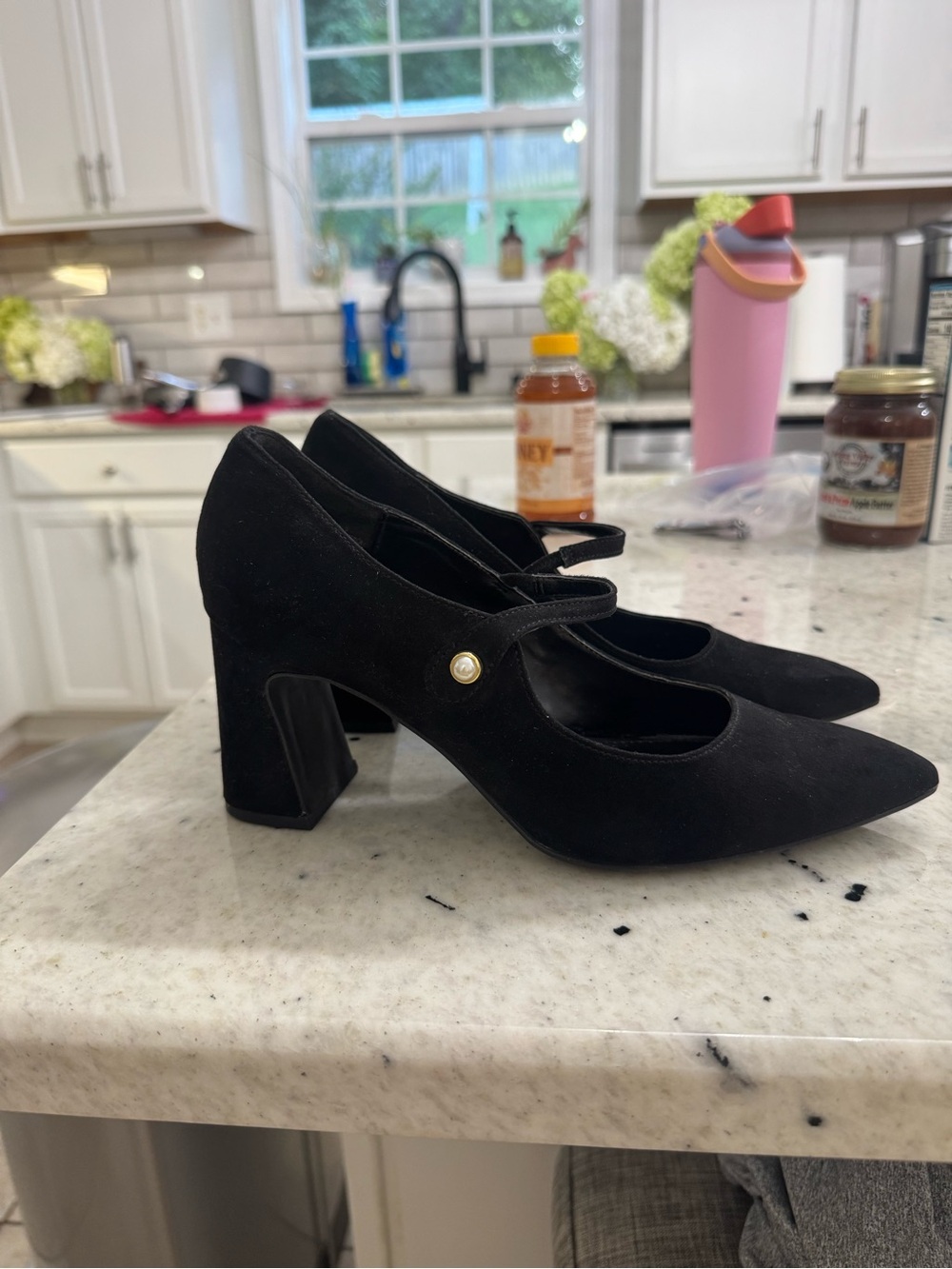 crown & ivy Black Mary Jane Block Heel Pumps with Pearl Accent